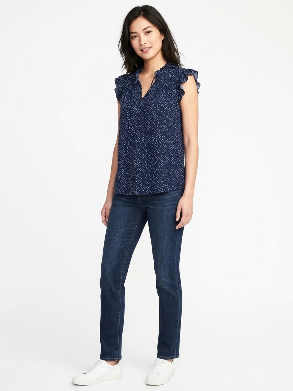 Adrianna Papell Navy & White Polka Dot Ruffle Tie Blouse